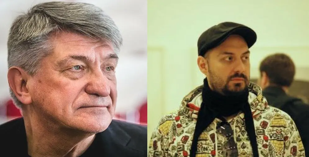 Side-by-side photos of two men: on the left, an older man with gray hair and a serious expression; on the right, a younger man with a beard, wearing a cap and a patterned hoodie, looking off to the side.