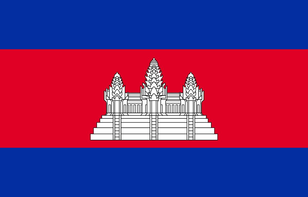 The flag of Cambodia, featuring a red horizontal stripe with a white depiction of Angkor Wat in the center, flanked by two blue stripes at the top and bottom.
