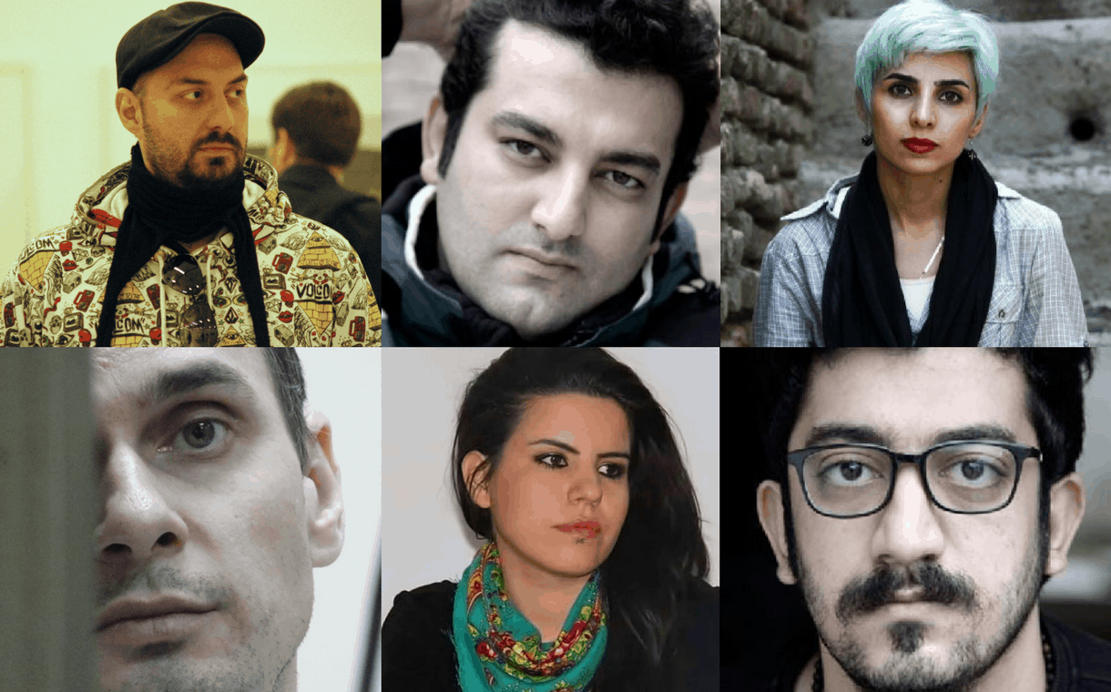 A collage of six portraits features three men and three women, each with varying hair colors and styles, looking in different directions with mostly neutral expressions—capturing the quiet resilience of artists at risk against simple, textured backgrounds.