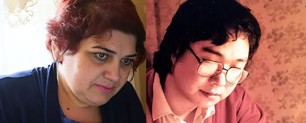 Two people are shown side by side in a split image: on the left, a person with short, wavy dark hair and a serious expression; on the right, a person with straight dark hair, glasses, and a thoughtful look, against a patterned background.