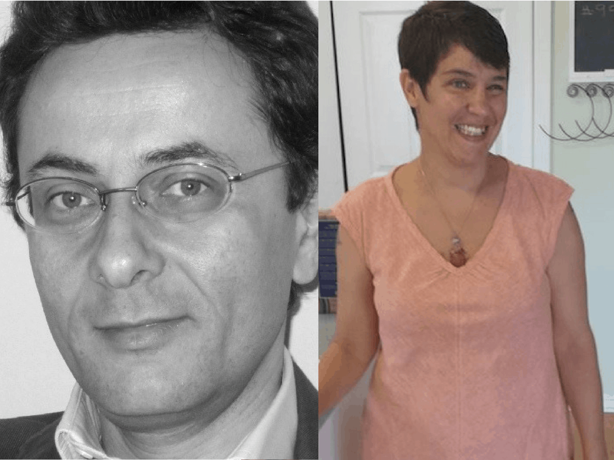A collage of two people: on the left, a man with glasses in a suit, shown in black and white; on the right, a smiling woman in a pink dress, standing indoors with short dark hair.
