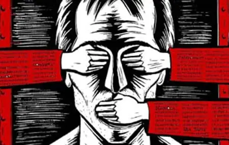 Illustration of a person whose eyes, ears, and mouth are covered by red hands, symbolizing censorship or suppression of speech and information. The image uses bold black, white, and red colors.