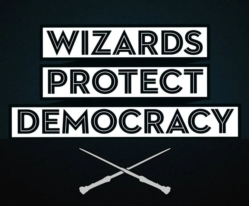 White text on a black background reads Wizards Protect Democracy. Below the text are two crossed magic wands in white.