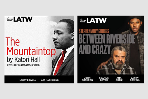 Side-by-side promotional images for two plays: The Mountaintop featuring an illustration of Martin Luther King Jr., and Between Riverside and Crazy showing four cast members against a dark background.