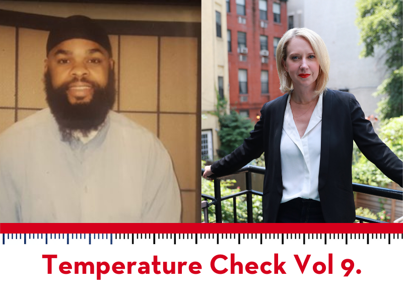 Split image: On the left, a man with a beard and head covering stands indoors; on the right, a woman with blond hair in a black blazer stands on a balcony outdoors. Text below reads, Temperature Check Vol 9.