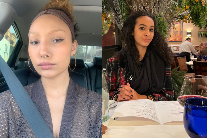 A split image shows two young women. On the left, a woman with hoop earrings and a nose ring sits in a car. On the right, a woman with curly hair sits at a restaurant table with a menu and glasses in front of her.