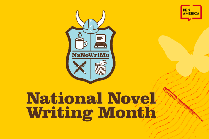 A yellow graphic features a blue shield with “NaNoWriMo” and icons of a viking helmet, coffee, laptop, quill, and papers. Text reads “National Novel Writing Month.” PEN America logo and a butterfly are in the background.