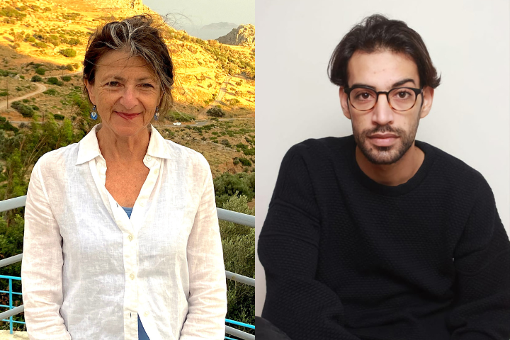 Side-by-side portraits: on the left, an older woman with gray hair in a white shirt standing outdoors; on the right, a younger man with glasses and dark hair wearing a black sweater against a light background.