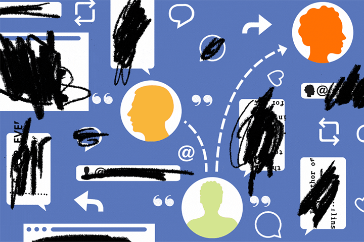 Illustration of colorful profile silhouettes, chat bubbles, and social media icons on a blue background, with several messages and user info scribbled out in black marker.