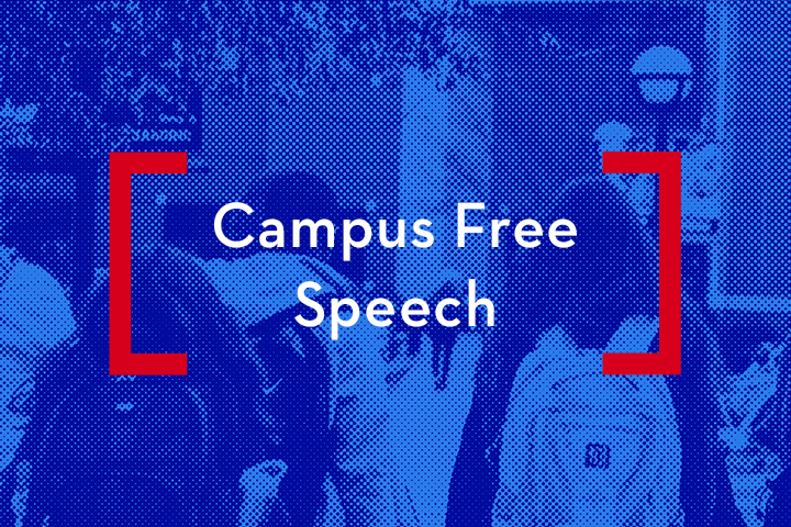 Blue-tinted image with blurred people walking outdoors; bold white text in the center reads Campus Free Speech, framed by two red brackets on the left and right.