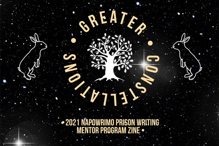 A starry night sky with two white rabbit illustrations facing a central tree. Around the tree, gold text reads Greater Constellations. Below, gold text says 2021 NaPoWriMo Prison Writing Mentor Program Zine.