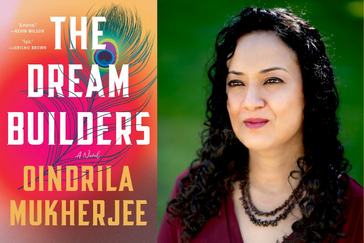 Book cover for The Dream Builders by Oindrila Mukherjee, featuring a colorful peacock feather design, alongside a portrait of the author with curly hair, wearing a burgundy top, and standing outdoors.