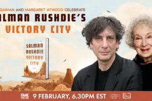 Promotional image for Salman Rushdie’s Victory City featuring a book cover and two people, with event details: 9 February, 6:30 PM EST. Mountains and a city are illustrated in the background.
