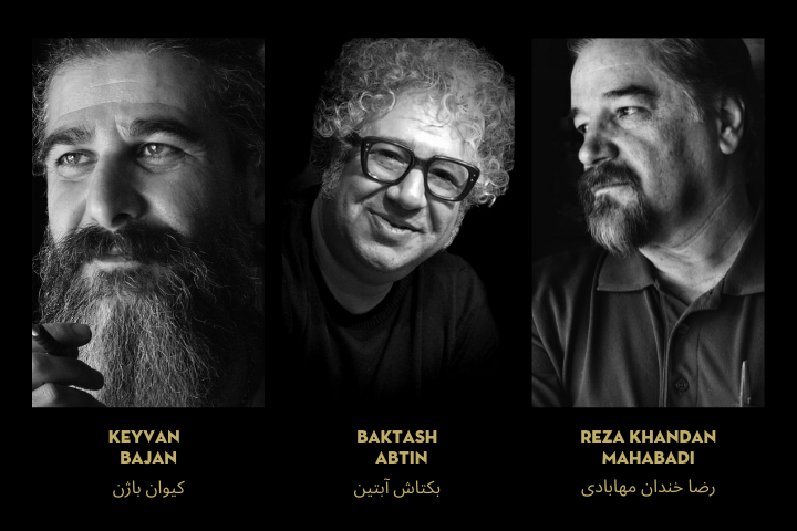 A black-and-white triptych shows three men with beards, each looking in different directions. Their names—Keyvan Bajani, Baktash Abtin, and Reza Khandan Mahabadi—are written below in English and Persian.