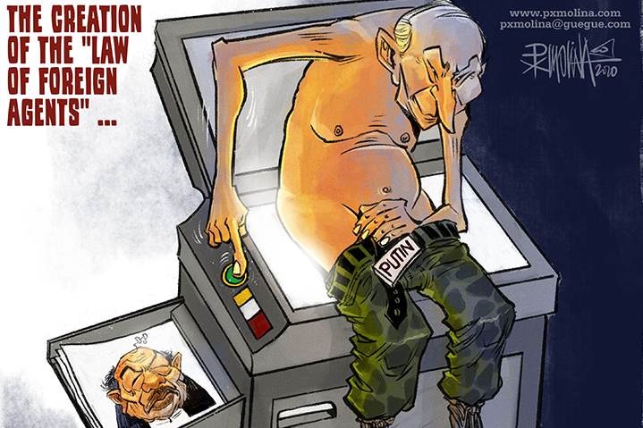 A shirtless man labeled Putin sits on a copier, copying his lower body. The copier prints an image of another man. Text reads: The creation of the Law of Foreign Agents...