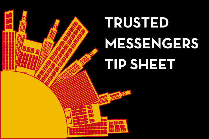 Illustration of a stylized yellow and orange sun with city buildings as rays on a black background. White text on the right reads, TRUSTED MESSENGERS TIP SHEET.