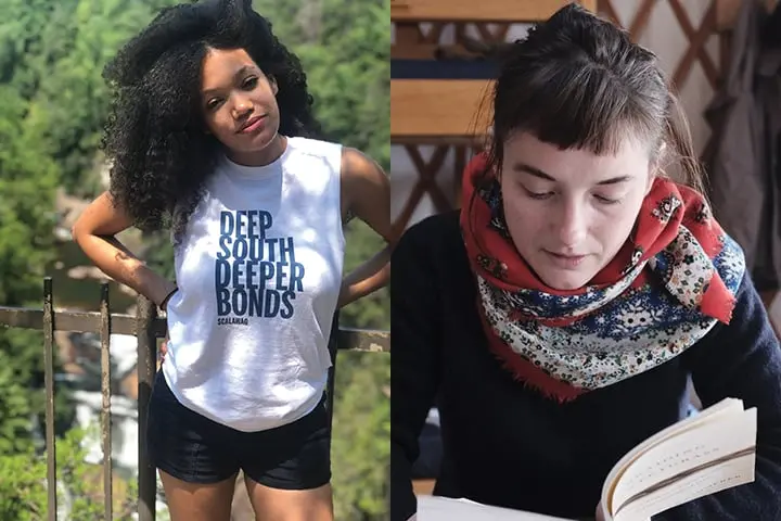 Two women side by side: on the left, a woman with curly hair stands outdoors in a “Deep South Deeper Bonds” shirt; on the right, indoors, a woman with a short haircut and scarf reads—a nod to local journalists covering COVID-19.
