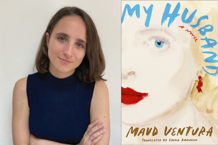 A woman with shoulder-length brown hair and a navy sleeveless top stands with her arms crossed next to the book cover for My Husband by Maud Ventura, featuring an illustrated womans face with bold red lips and blue eye.