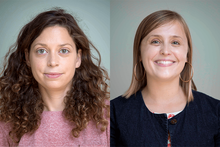 Split image of two women facing the camera; both local journalists covering COVID-19—the woman on the left has curly brown hair and a pink top, while the woman on the right sports straight blonde hair, hoop earrings, and a dark jacket with a patterned shirt.