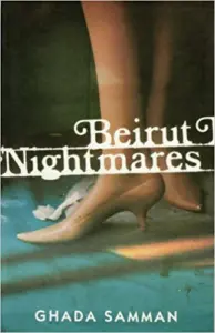 Book cover of Beirut Nightmares by Ghada Samman, featuring a close-up of a woman’s legs in beige heels, with scattered papers on a blue floor and sunlight casting shadows, reminiscent of Molly Crabapple’s evocative style.
