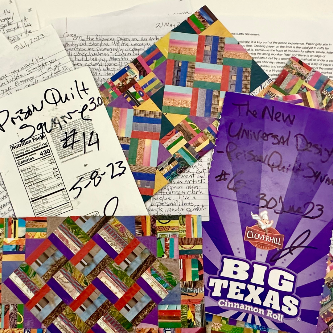 A collection of colorful quilt square designs, handwritten notes with dates and labels like Prison Quilt Squares, and a Big Texas Cinnamon Roll wrapper spread out on a surface.