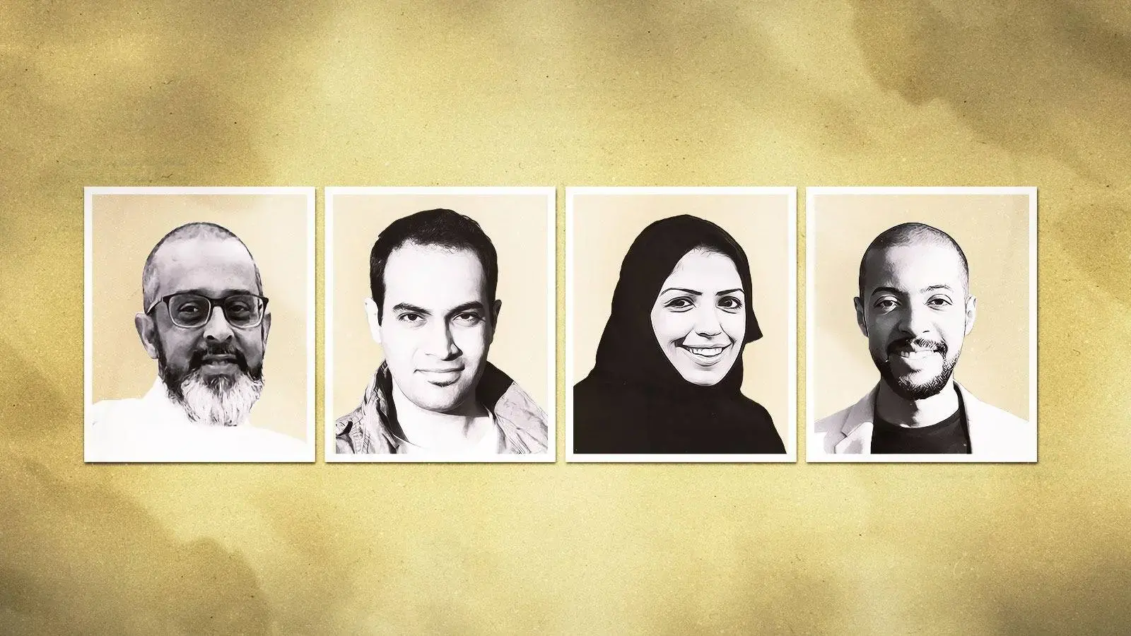 Four portrait photographs on a beige textured background, showing two men with beards, one clean-shaven man, and a woman wearing a black headscarf, all facing forward and smiling or with neutral expressions.
