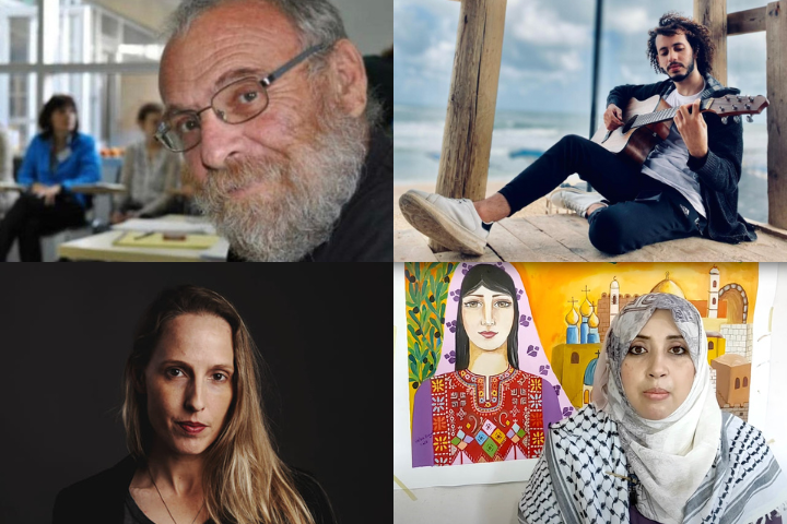A collage of four portraits: an older man with glasses, a young man playing guitar by the beach, a woman with long hair against a dark background, and a woman in a hijab beside colorful artwork.