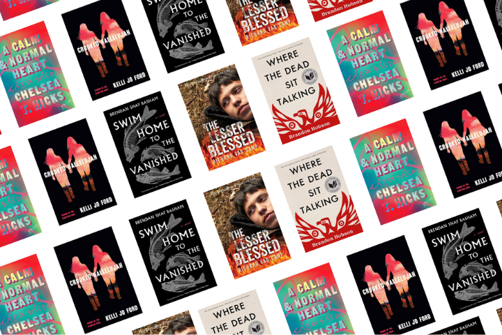 A repeating pattern of five different book covers arranged diagonally, including “Swim Home to the Vanished,” “The Lesser Blessed,” “Where the Dead Sit Talking,” “A Calm and Normal Heart,” and “The Removed.”.