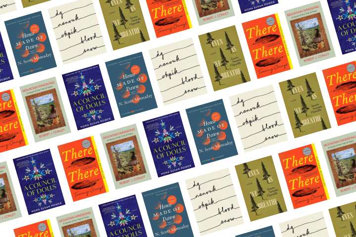 A diagonal pattern featuring the covers of five different books, including “There There,” “Homegoing,” “A Council of Dolls,” and others, arranged in a repeating grid on a white background.