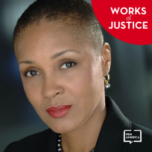 A woman with short hair and red lipstick looks at the camera, highlighting prison justice. She wears earrings and a necklace. The top right says WORKS of JUSTICE in bold text; the Pen America logo appears in the bottom right corner.