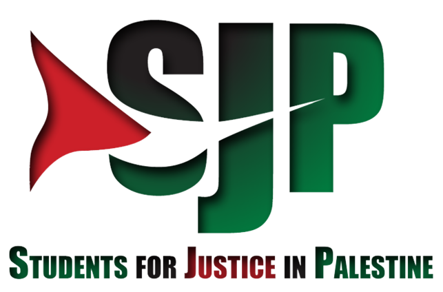 Logo for Students for Justice in Palestine. The large letters SJP are colored in black, red, and green, resembling the Palestinian flag, with Students for Justice in Palestine written below.
