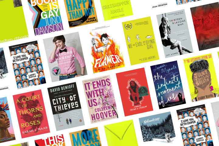 A collage of diverse book covers, including titles like Beyond Magenta, City of Thieves, It Ends With Us, Thirteen Reasons Why, and others, arranged diagonally on a white background.