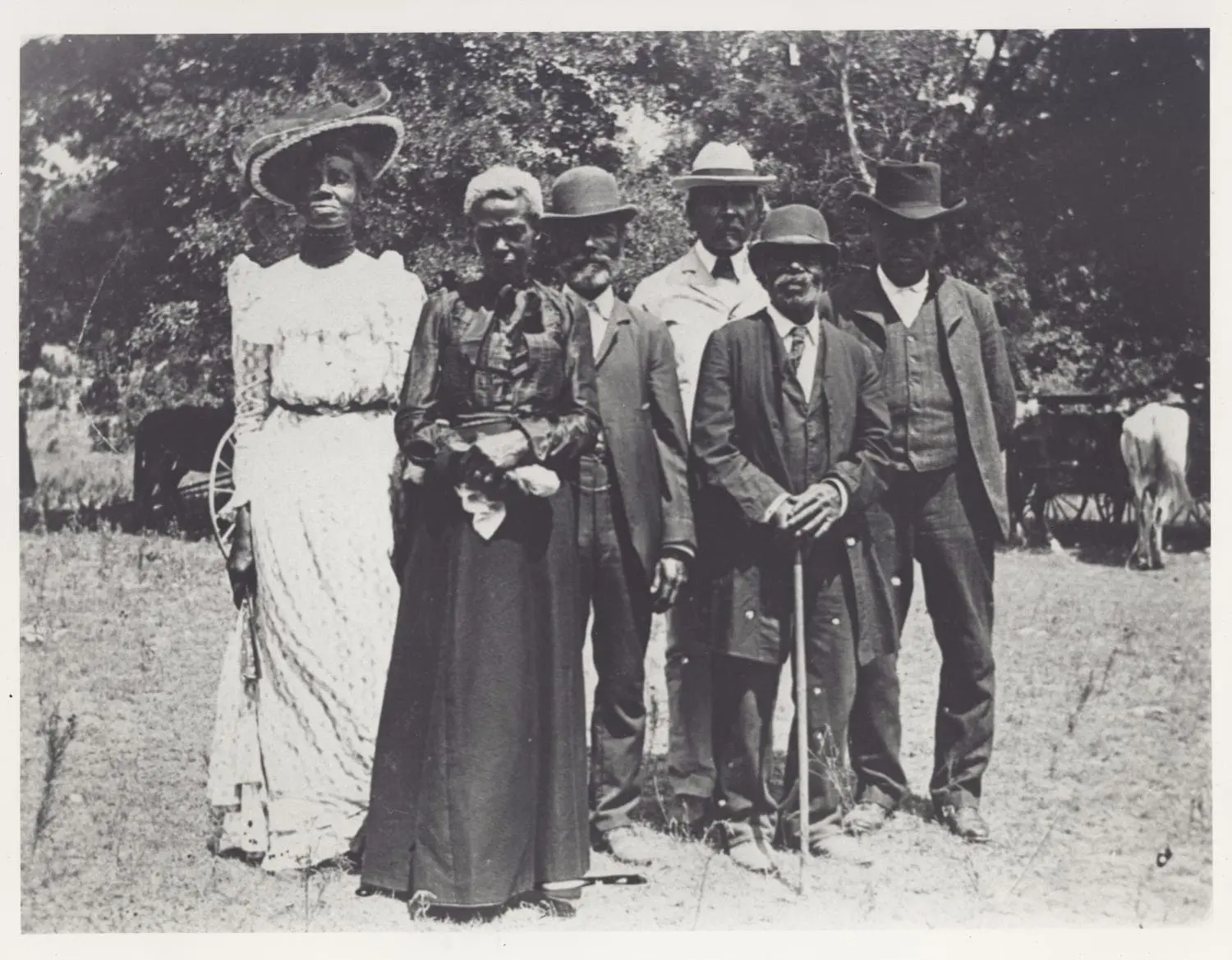 Six African American adults, four men in suits and hats, and two women in long dresses and hats, stand outdoors on grass with trees and horse-drawn carriages behind them. The historical image captures a possible Juneteenth celebration.