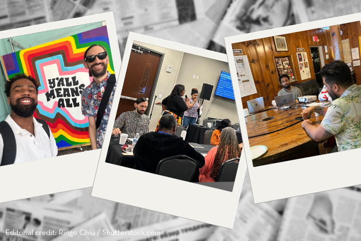 Three polaroid-style photos show: two men smiling in front of a colorful Yall Means All mural; a woman presenting to a small seated group; and three people talking around a table in a rustic room.