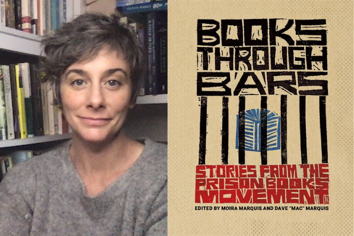 A person with short gray hair and a gray sweater sits in front of bookshelves, next to the book cover for Books Through Bars: Stories from the Prison Books Movement, featuring a stylized prison bar design.