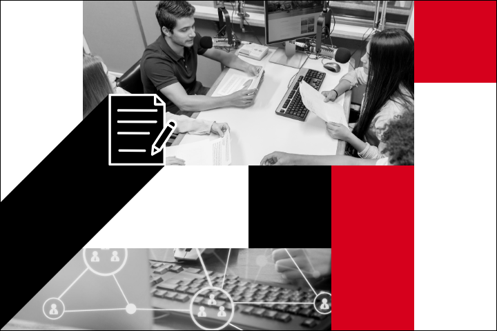 A group of people sit around microphones at a radio station. Overlays include a paper and pencil icon, a close-up of hands typing on a keyboard, and network connection graphics, with bold red, black, and white shapes.