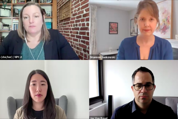 Screenshot of a virtual meeting with four people in separate video frames, each seated indoors. Two women are on the top row, one woman and one man are on the bottom row, all looking toward their cameras.