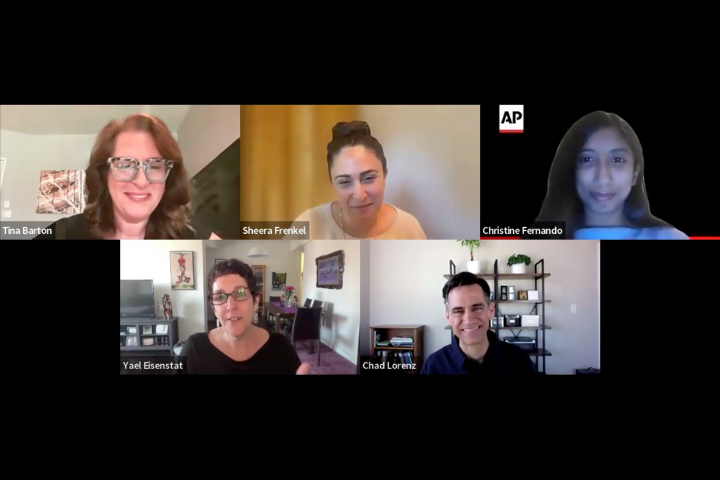 Screenshot of a virtual video call with five participants, each in their own video box. One box displays the AP logo. All participants appear engaged and smiling in home or office settings.