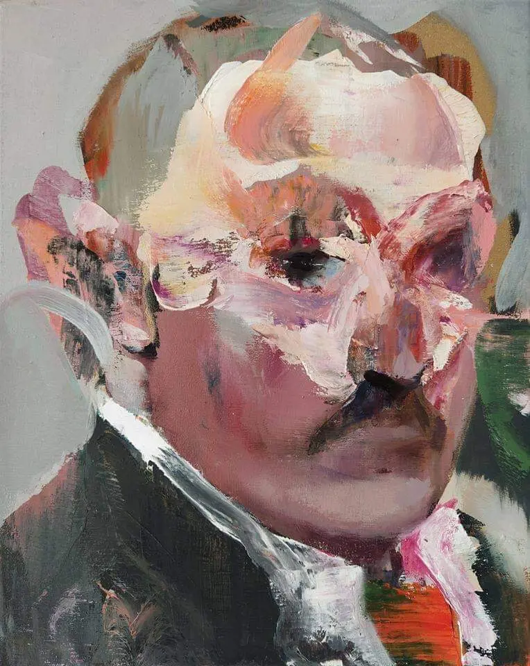 An abstract portrait painting of a man in a suit, featuring distorted features and bold brushstrokes in pink, beige, and brown. The somber expression and stylized style evoke an enigmatic likeness to Alexander Lukashenko.