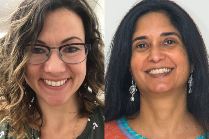 Split image of two PEN Pals smiling. The woman on the left has curly brown hair, glasses, and a green top; the woman on the right has long black hair, dangling earrings, and a colorful top. Both are facing the camera.