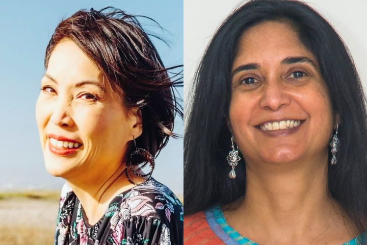 Side-by-side portraits of two women smiling, capturing the warmth of PEN Pals. The woman on the left has short dark hair and patterned clothing outdoors; the right has long dark hair and a colorful top against a plain backdrop.