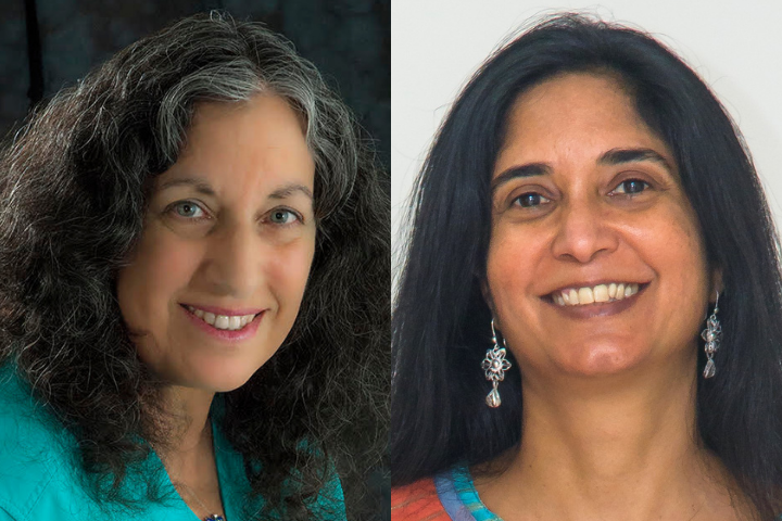 Side-by-side portraits of two PEN Pals smiling. The woman on the left has curly gray and dark hair, wearing a teal top. The woman on the right has straight dark hair, earrings, and a colorful top against a light background.