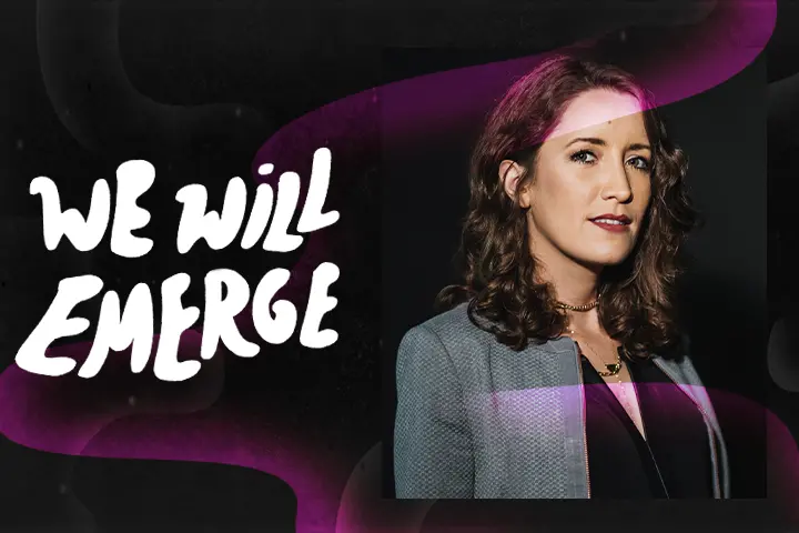 Colorful swirl effect overlaid on top of framed headshot of Jean Guerrero and next to the text 