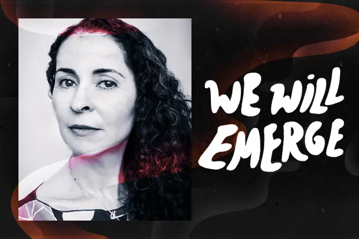 Black-and-white portrait of a woman with curly hair next to bold white text reading “WE WILL EMERGE” on a dark, abstract background with orange accents, capturing the spirit of voter engagement during the 2020 election.