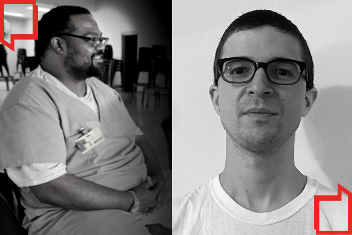 A split image: on the left, Derek Trumbo in scrubs sits in profile with hands folded; on the right, Agustin Lopez faces the camera. Red speech bubble icons appear in both bottom corners, hinting at pen prison writing conversations.