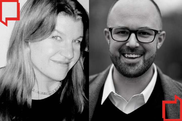 A split image shows elizabeth hawes, a smiling woman with long hair, on the left and jeffrey james keyes, a smiling bald man with glasses and a beard, on the right. Both are in black and white, with red speech bubble icons near each person.