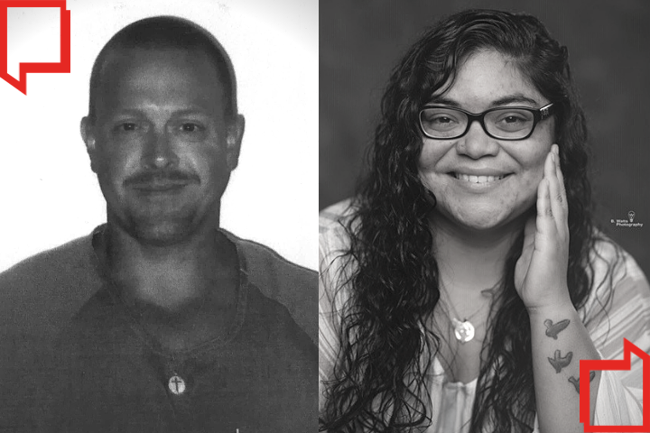 Side-by-side black and white portraits: Benjamin Frandsen, with short hair and a mustache on the left, and Noelia Cerna, pen in hand and smiling, her wrist tattoos visible—a nod to the power of prison writing as self-expression.