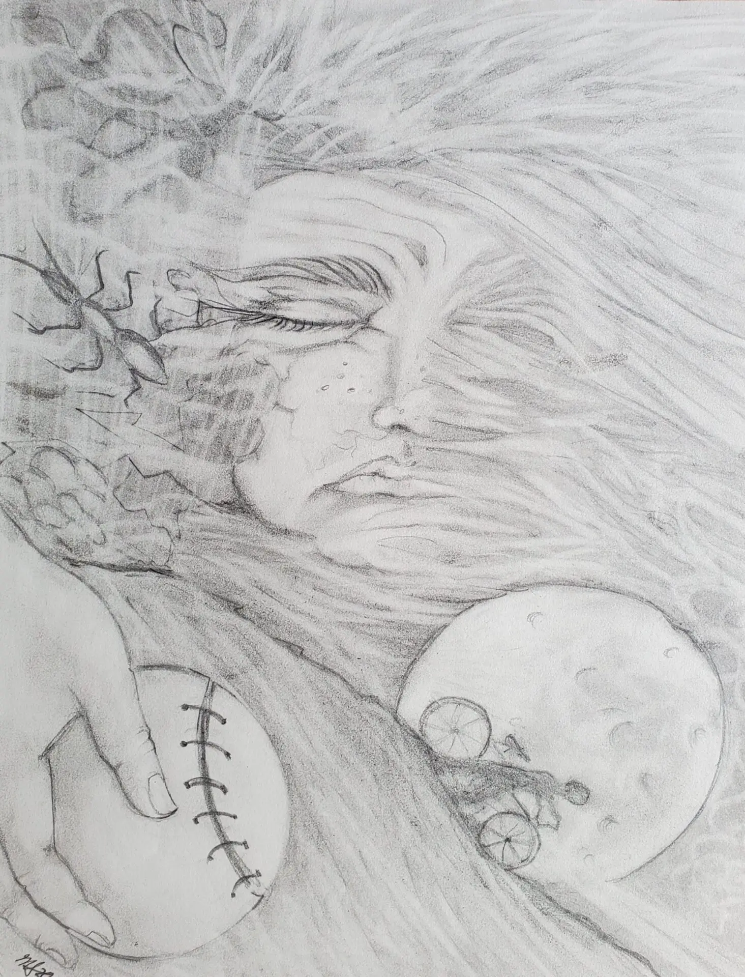 A pencil drawing by Mark Altenhofen shows a face partly dissolving into abstract shapes, with a hand holding a stitched ball, a full moon, and a small bicycle. Flowing lines blend the elements, giving a dreamlike, surreal effect.