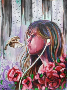 A woman with an earbud in one ear stares at a small bird flying in front of her with several red flowers in the foreground and rain in the background