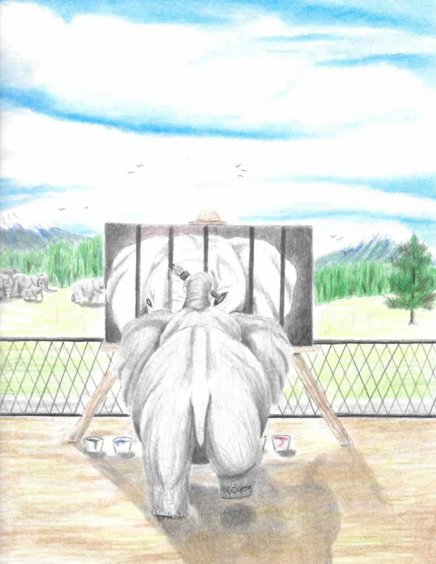 A rhinoceros stands on a wooden deck, painting a self-portrait on a canvas. The artwork by Matthew Mendoza shows the rhino behind bars, while in the background, rhinos graze freely on grasslands under a blue sky.